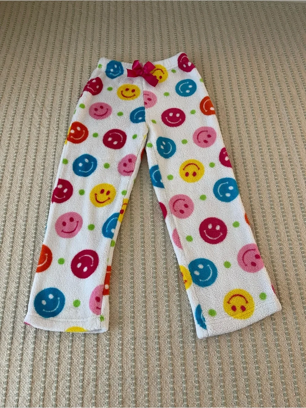 Girl’s White Pajama Pants with Colorful Smiley Dots - Size: Small